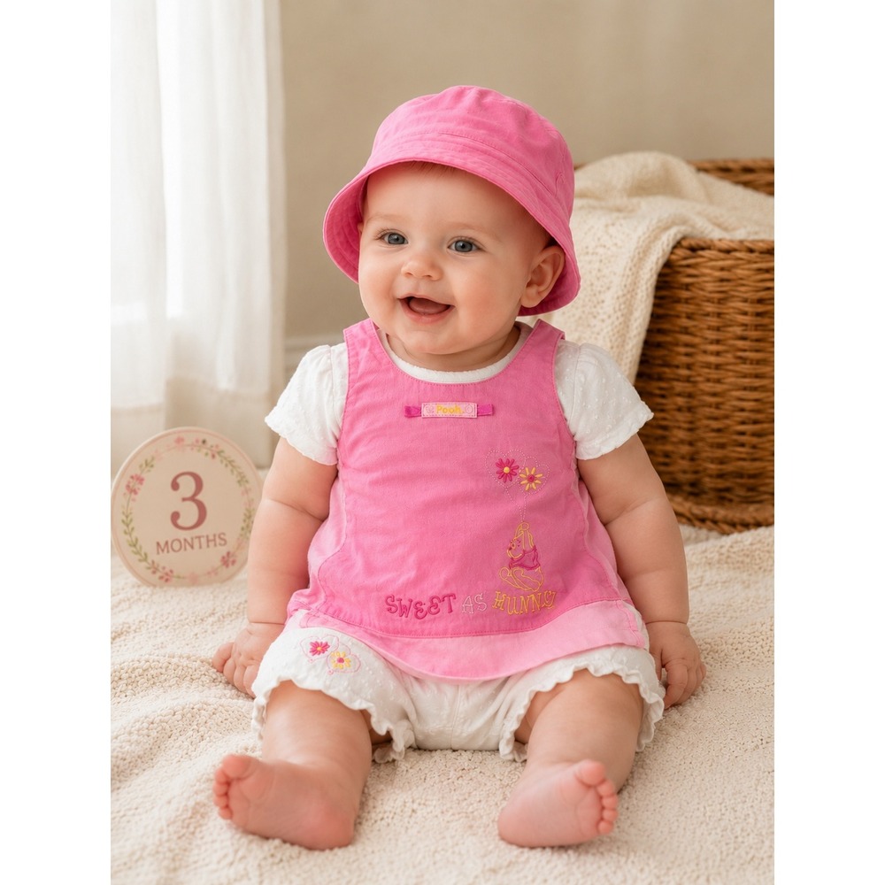 Vintage Disney Baby Winnie The Pooh 3pc Outfit Set Pink‎ Hat Romper 0-3M